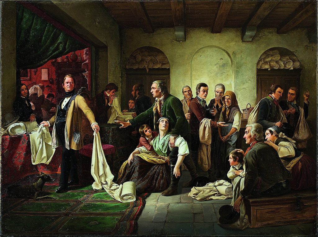 Slika ulje na platnu pod nazivom "Šleski tkači" (1844.) prikazuje unutarnji prizor bogate prostorije u koju ulazi velika skupina tkača iz Šleske. Lijevo, dobrostojeći muškarac zlatnog kaputa i bijele košulje stoji i pokazuje platno u ruci. Desno stoji skupina muškaraca, žena i djece, odjevenih u skromnu odjeću, gledajući ga, dok jedan muškarac podiže ruku i govori. Na podu sobe su snopovi platna. U pozadini se vide dva prozora s rešetkama i zatvorena vrata, te je soba s desne strane slabije osvijetljena nego ona s lijeve.