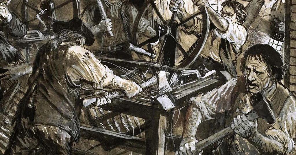 Ilustracija prikazuje grupu ludista kako uništavaju tkalačke strojeve